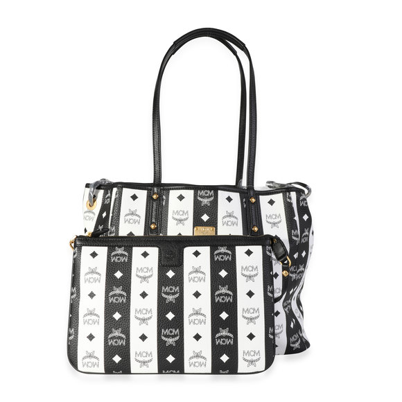 MCM Bags Mcm Black White Striped Visetos Large Reversible Tote